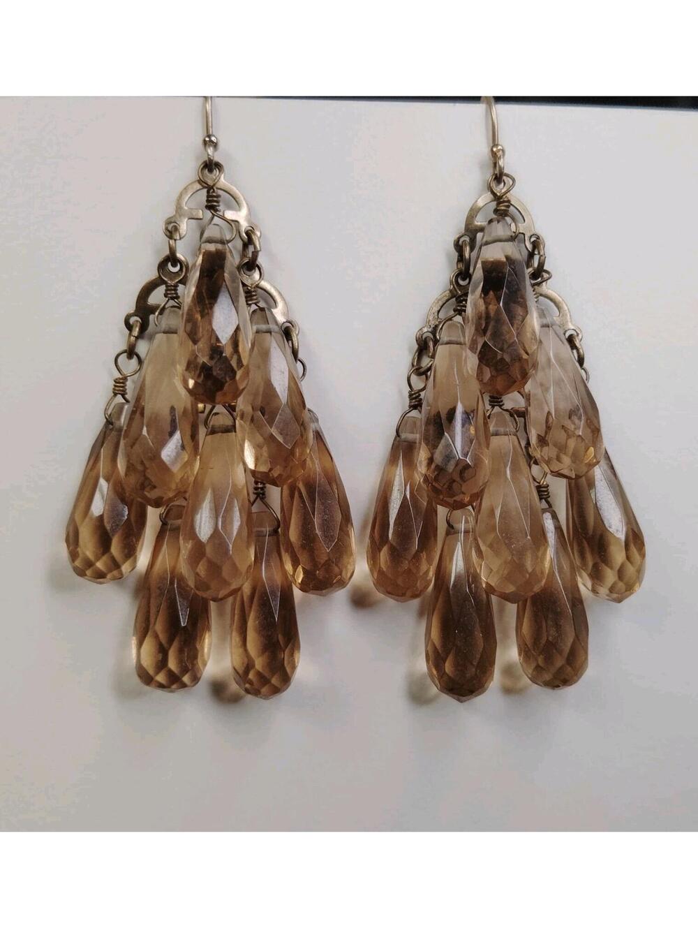 J.Crew Chandelier Earrings Drop Faceted Crystal Taupe Teardrop Dangles Signed